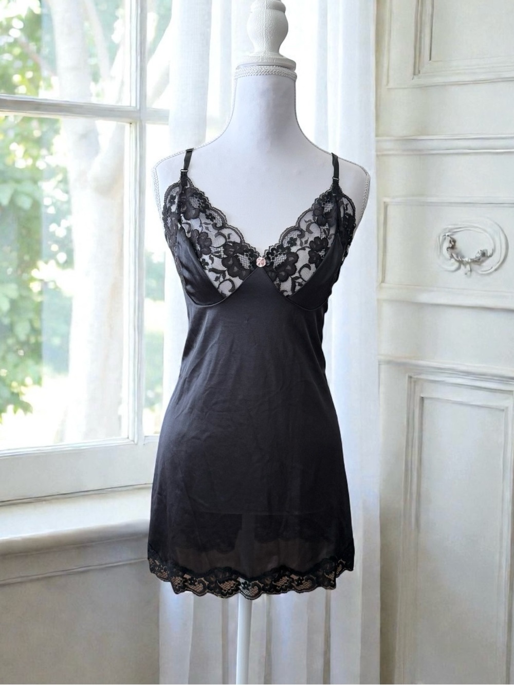 Vintage Slip Dress Black Lace Nightgown Nightie Chemise Mini L Large
